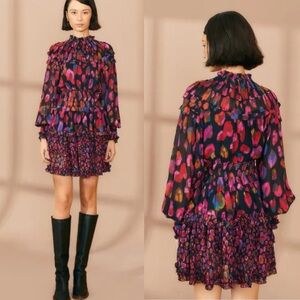 FARM RIO Iridescent Leopards Black Ruffled Dress